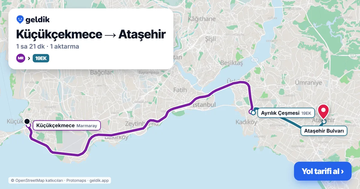 Küçükçekmece – Ataşehir yol haritası: Marmaray → 19EK otobüsü ile ~1 sa 21 dk