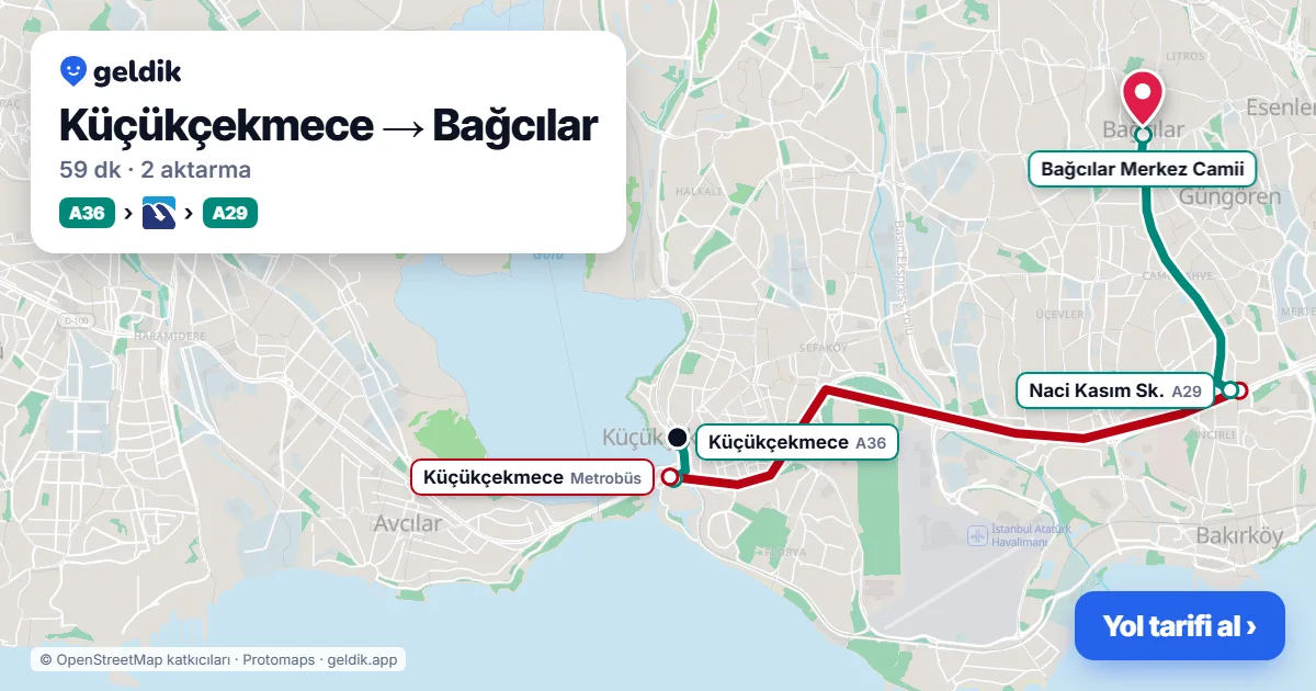 Küçükçekmece – Bağcılar yol haritası: A36 minibüsü → Metrobüs → A29 minibüsü ile ~59 dk