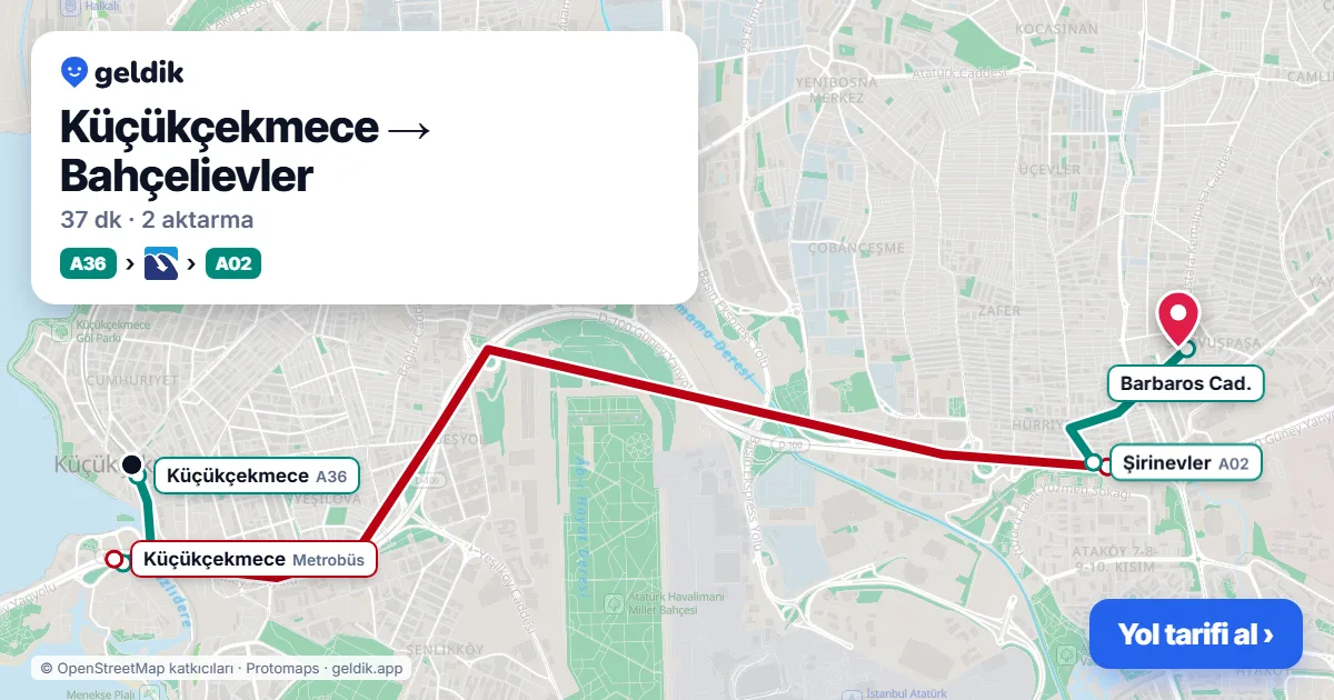 Küçükçekmece – Bahçelievler yol haritası: A36 minibüsü → Metrobüs → A02 minibüsü ile ~37 dk