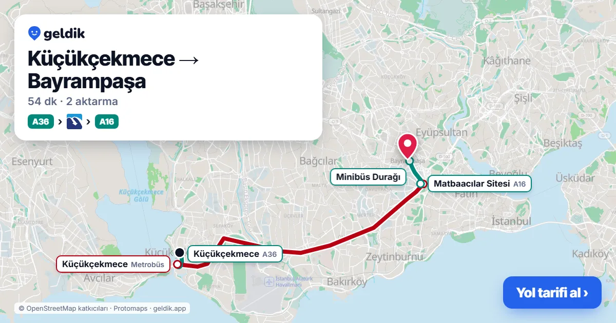 Küçükçekmece – Bayrampaşa yol haritası: A36 minibüsü → Metrobüs → A16 minibüsü ile ~54 dk