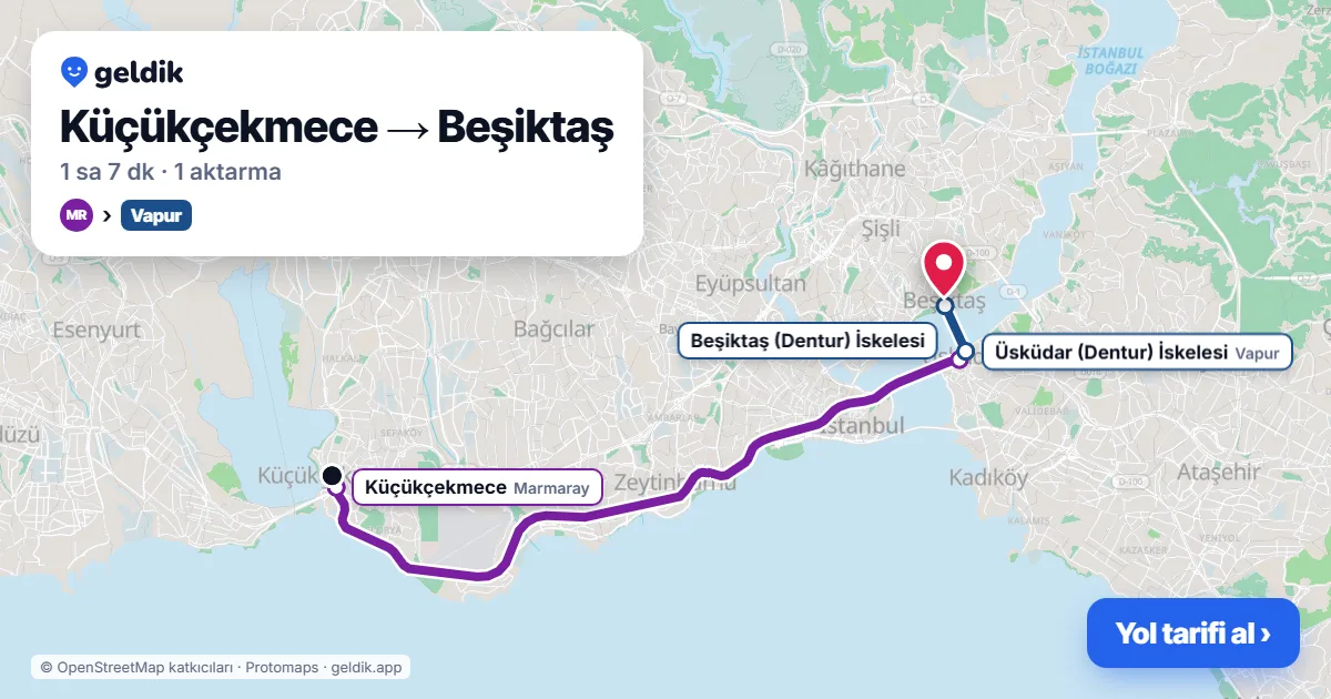 Küçükçekmece – Beşiktaş yol haritası: Marmaray → vapur ile ~1 sa 7 dk