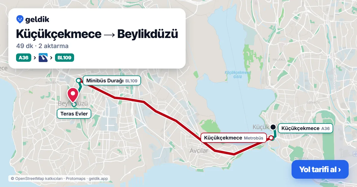 Küçükçekmece – Beylikdüzü yol haritası: A36 minibüsü → Metrobüs → BL109 minibüsü ile ~49 dk