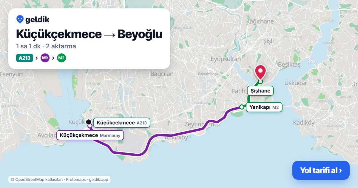 Küçükçekmece – Beyoğlu yol haritası: A213 minibüsü → Marmaray → M2 ile ~1 sa 1 dk