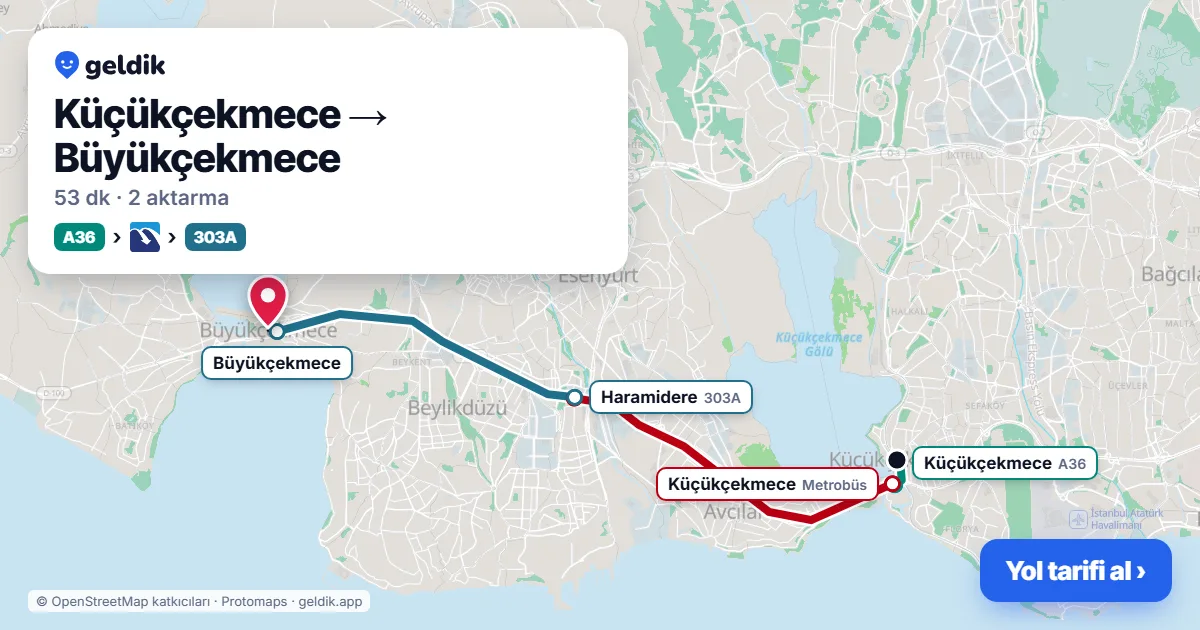 Küçükçekmece – Büyükçekmece yol haritası: A36 minibüsü → Metrobüs → 303A otobüsü ile ~53 dk