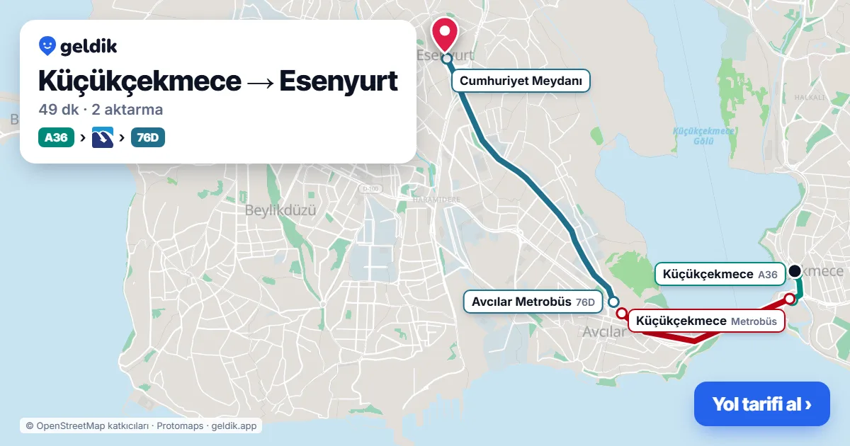 Küçükçekmece – Esenyurt yol haritası: A43 minibüsü → 146 otobüsü ile ~53 dk