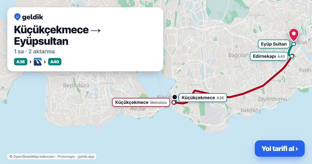 Küçükçekmece – Eyüpsultan yol haritası: A36 minibüsü → Metrobüs → A40 minibüsü ile ~1 sa