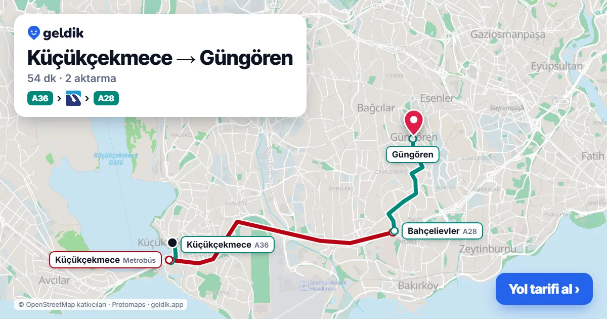 Küçükçekmece – Güngören yol haritası: A36 minibüsü → Metrobüs → A28 minibüsü ile ~54 dk
