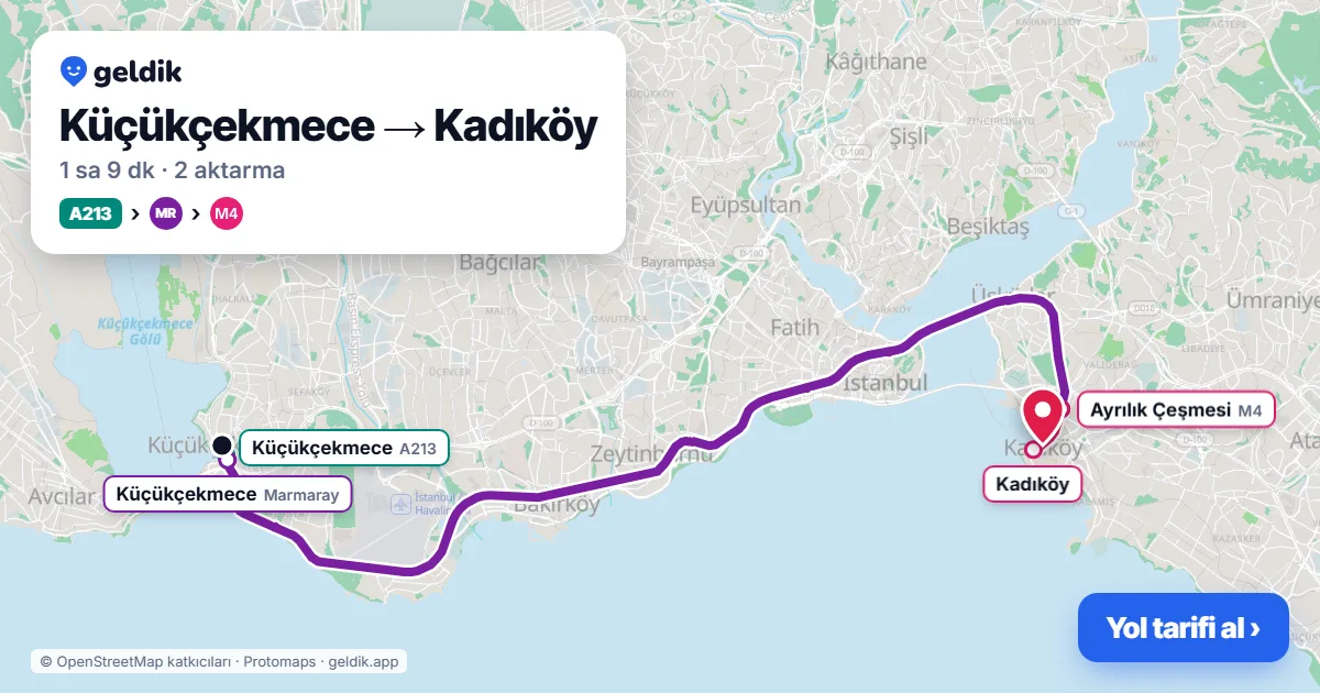 Küçükçekmece – Kadıköy yol haritası: A213 minibüsü → Marmaray → M4 ile ~1 sa 9 dk