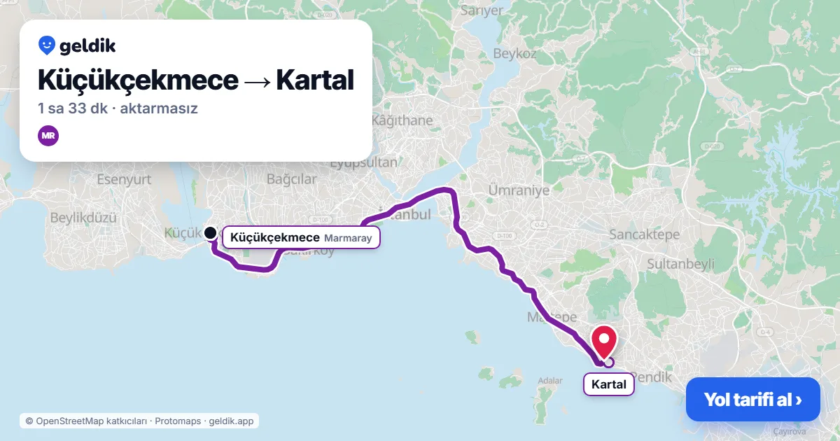 Küçükçekmece – Kartal yol haritası: Marmaray ile ~1 sa 33 dk