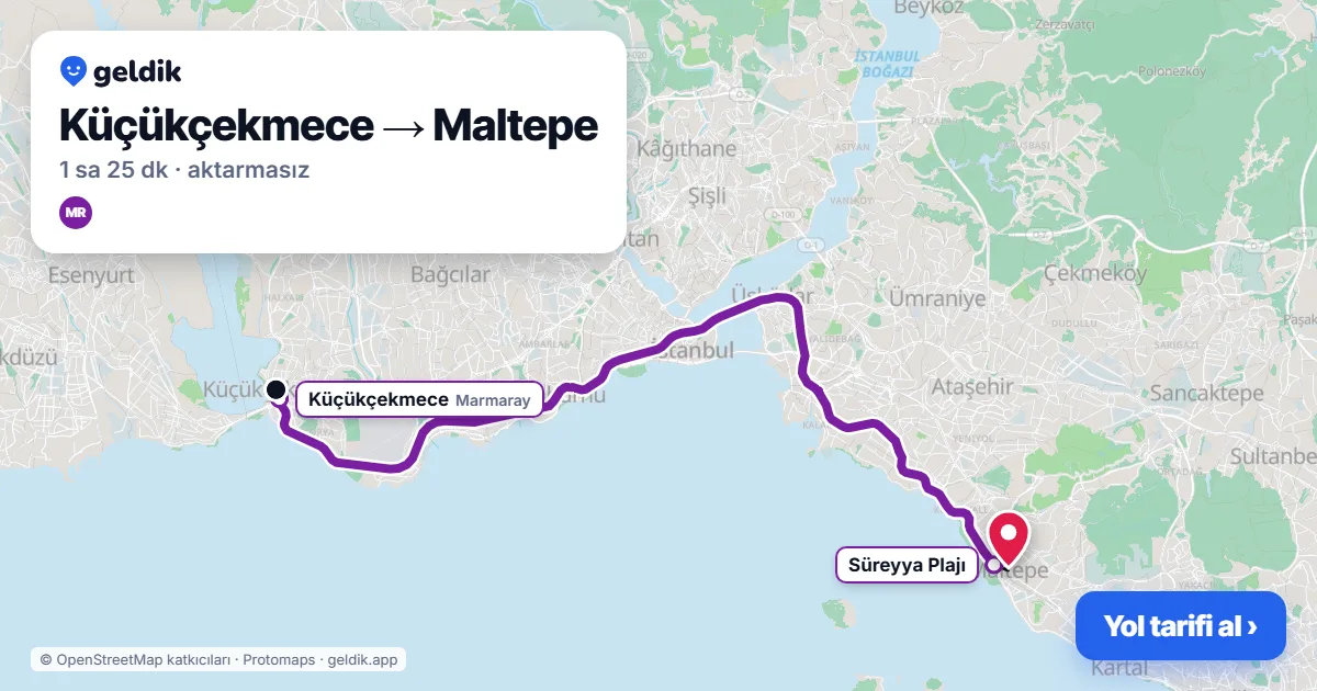 Küçükçekmece – Maltepe yol haritası: Marmaray ile ~1 sa 25 dk