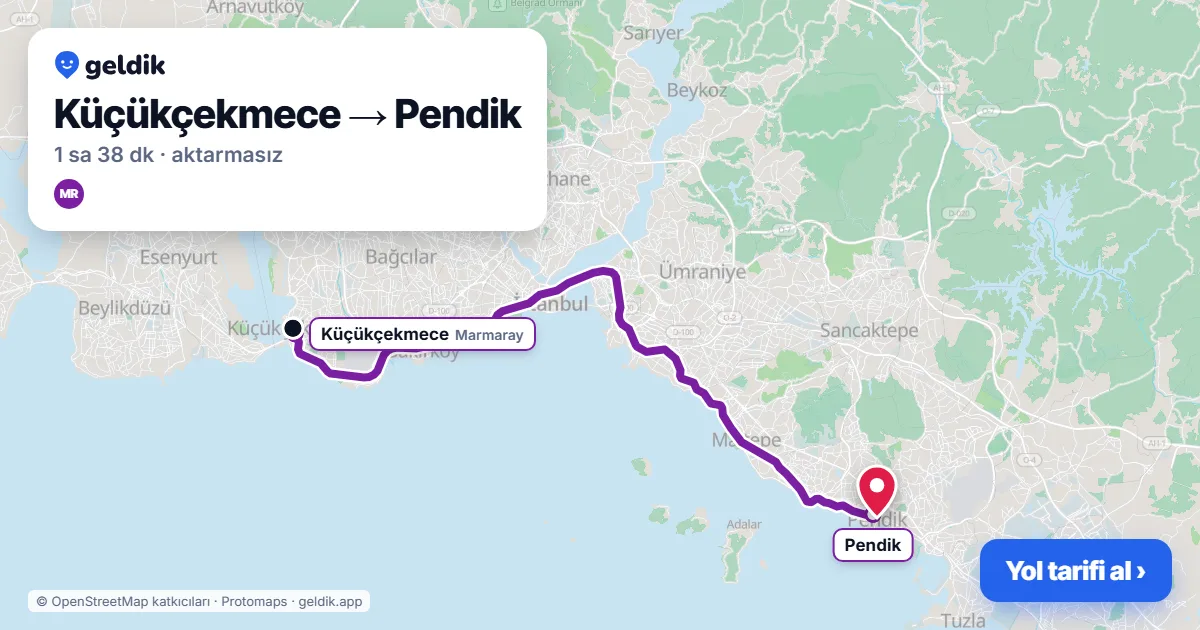Küçükçekmece – Pendik yol haritası: Marmaray ile ~1 sa 38 dk