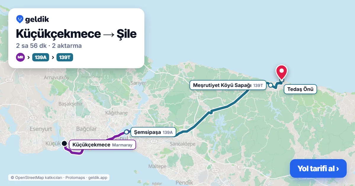 Küçükçekmece – Şile yol haritası: Marmaray → 139A otobüsü → 139T otobüsü ile ~2 sa 56 dk
