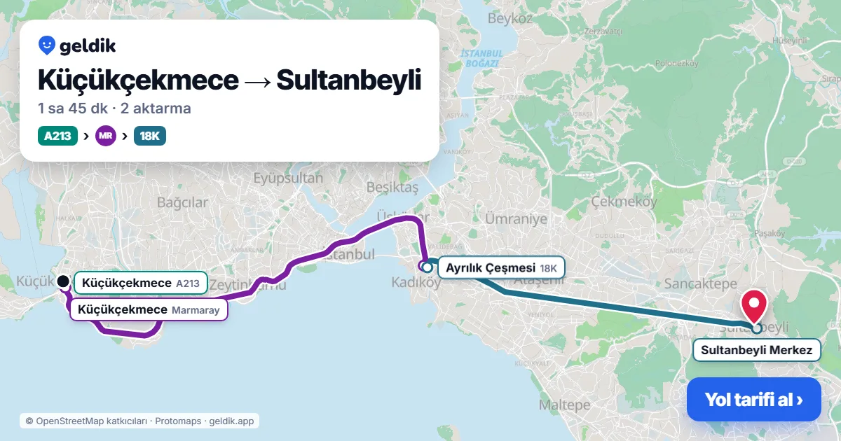Küçükçekmece – Sultanbeyli yol haritası: A213 minibüsü → Marmaray → 18K otobüsü ile ~1 sa 45 dk