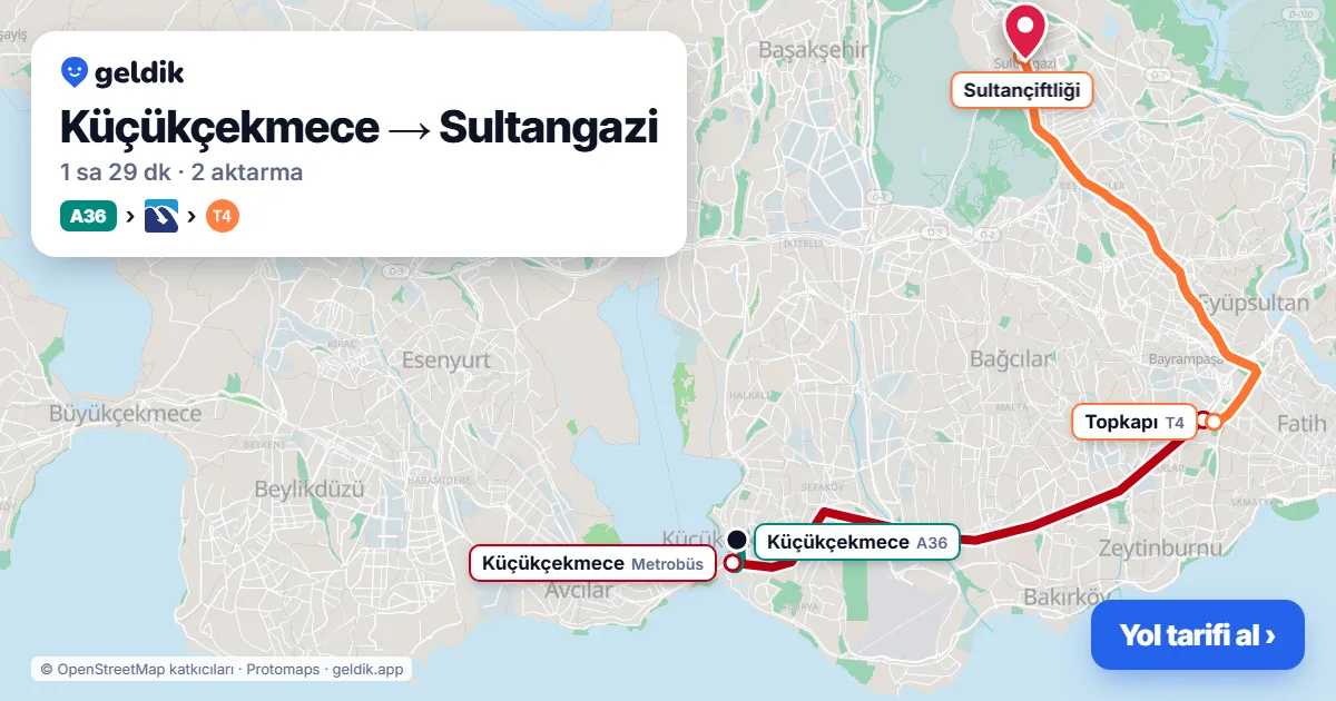 Küçükçekmece – Sultangazi yol haritası: A36 minibüsü → Metrobüs → T4 ile ~1 sa 29 dk