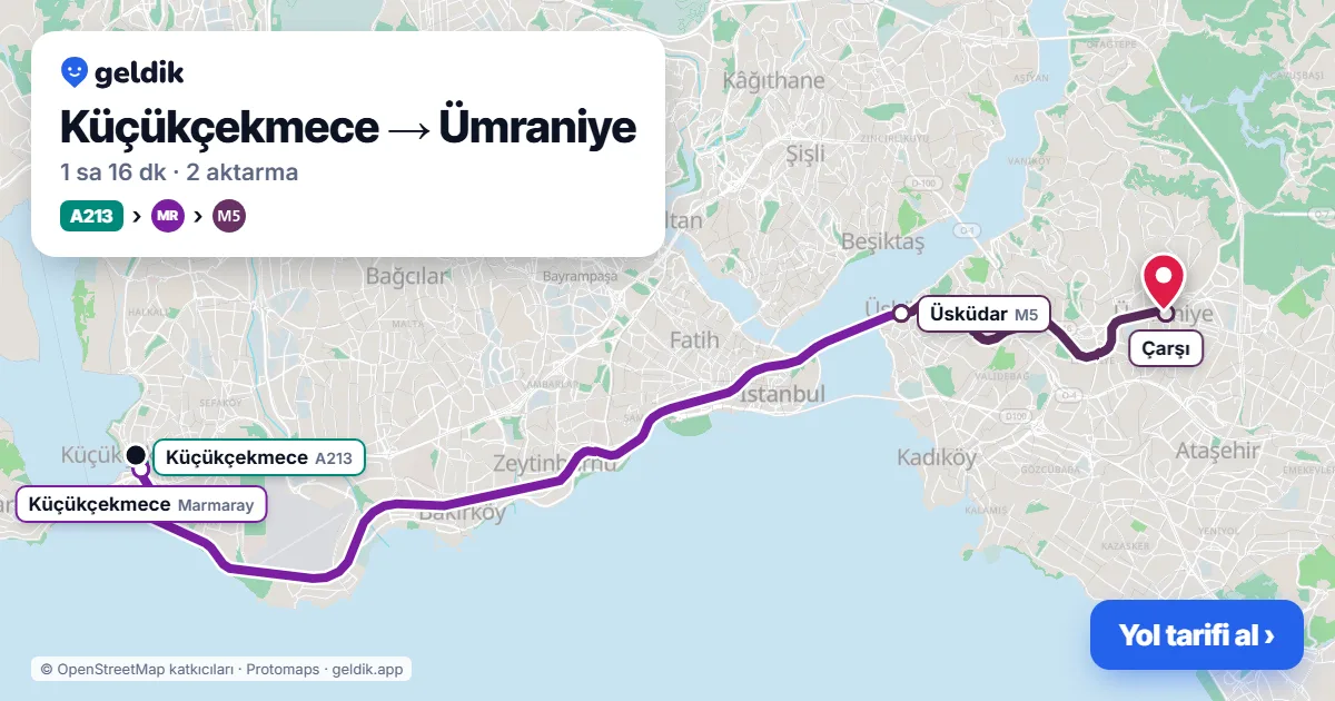 Küçükçekmece – Ümraniye yol haritası: A213 minibüsü → Marmaray → M5 ile ~1 sa 16 dk