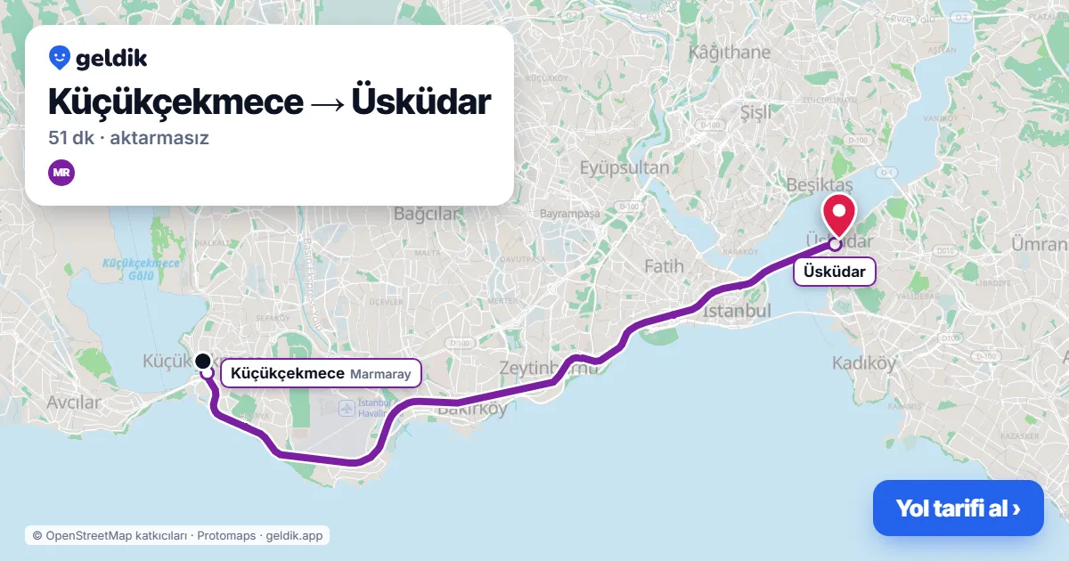 Küçükçekmece – Üsküdar yol haritası: Marmaray ile ~51 dk