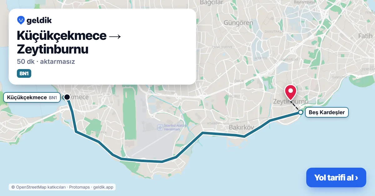 Küçükçekmece – Zeytinburnu yol haritası: BN1 otobüsü ile ~50 dk