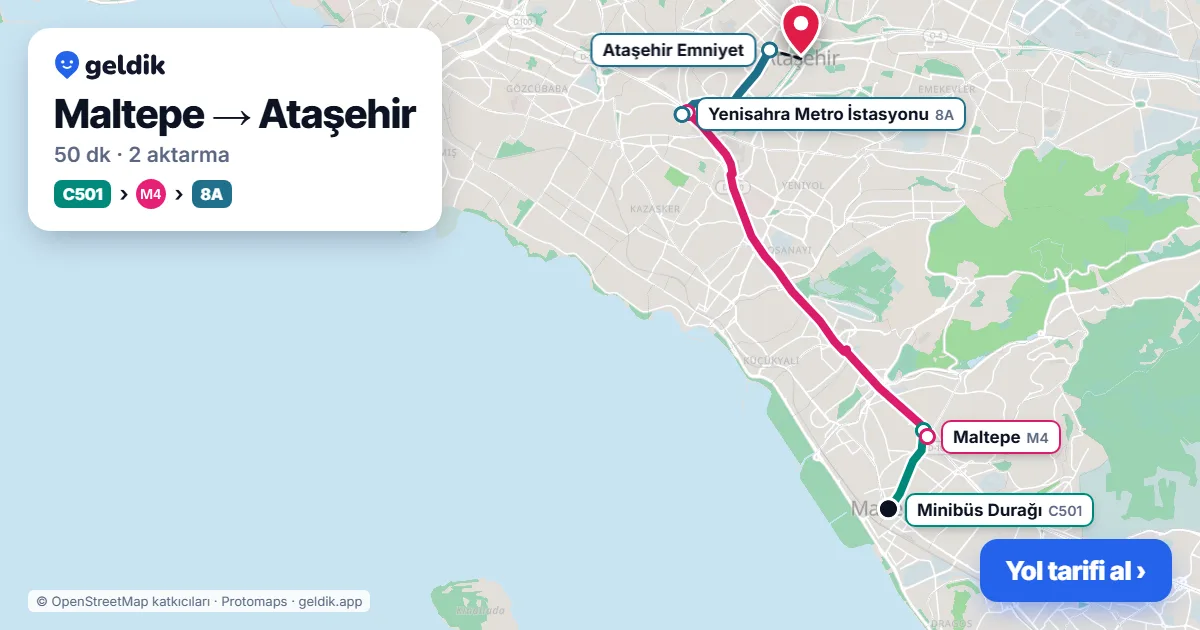 Maltepe – Ataşehir yol haritası: C501 minibüsü → M4 → 8A otobüsü ile ~50 dk