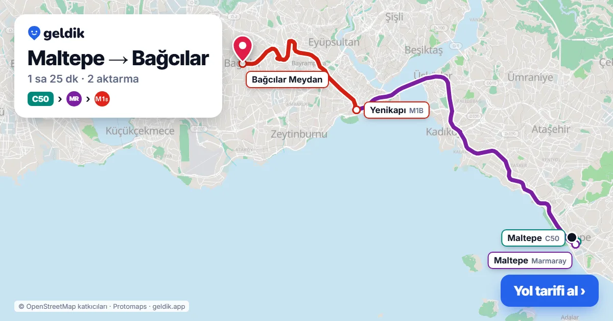 Maltepe – Bağcılar yol haritası: C50 minibüsü → Marmaray → M1B ile ~1 sa 25 dk