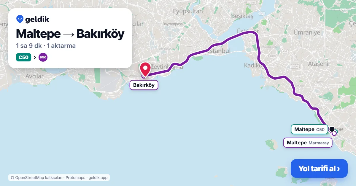 Maltepe – Bakırköy yol haritası: C50 minibüsü → Marmaray ile ~1 sa 9 dk
