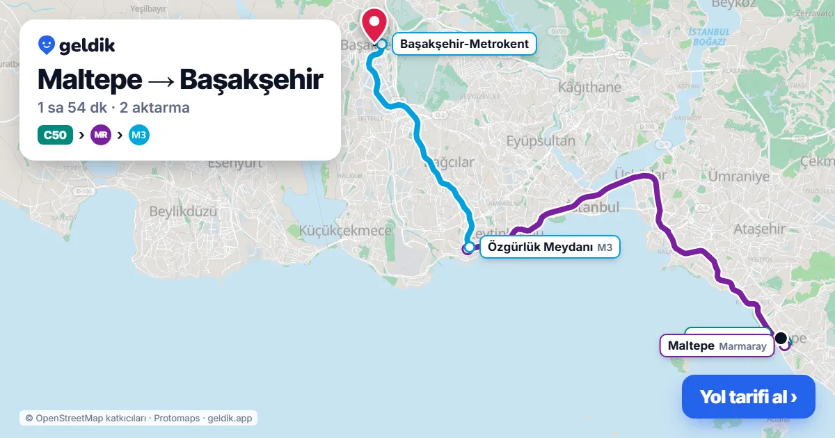 Maltepe – Başakşehir yol haritası: C50 minibüsü → Marmaray → M3 ile ~1 sa 54 dk