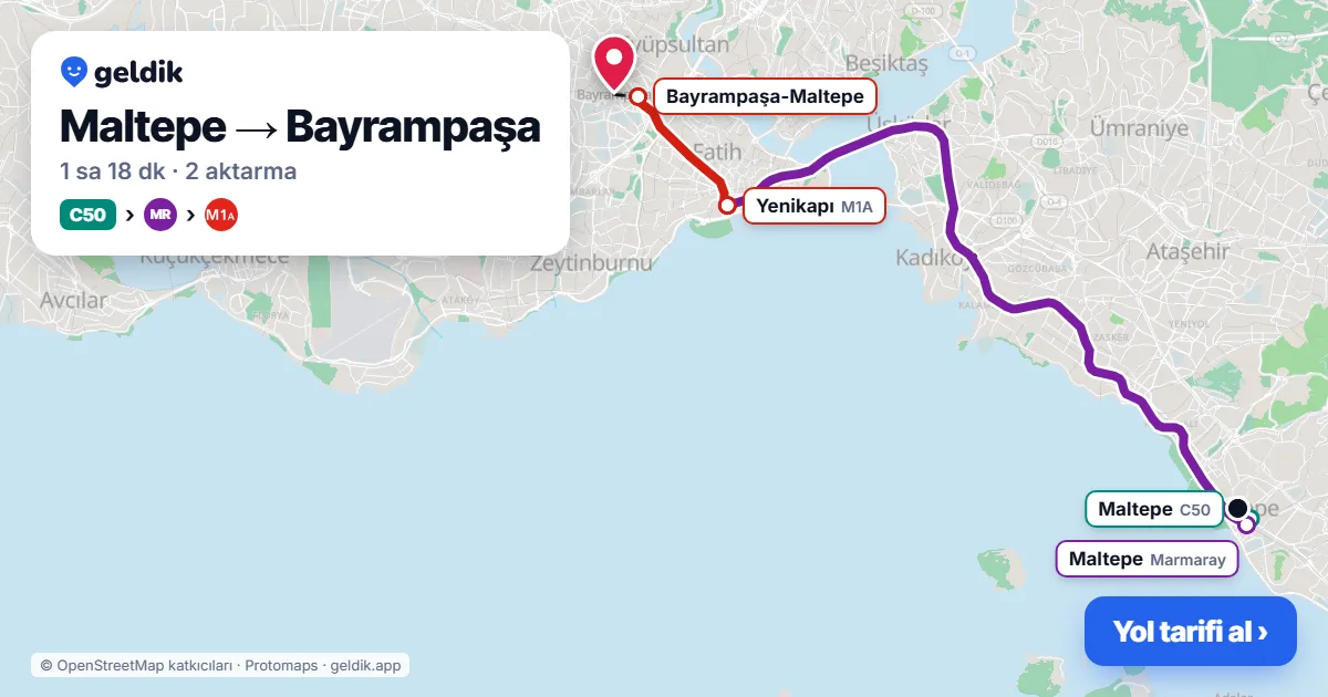Maltepe – Bayrampaşa yol haritası: C50 minibüsü → Marmaray → M1A ile ~1 sa 18 dk
