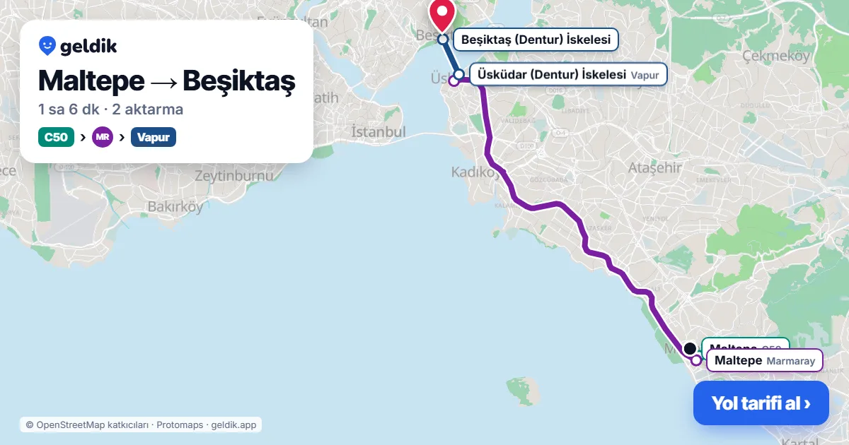 Maltepe – Beşiktaş yol haritası: C50 minibüsü → Marmaray → vapur ile ~1 sa 6 dk