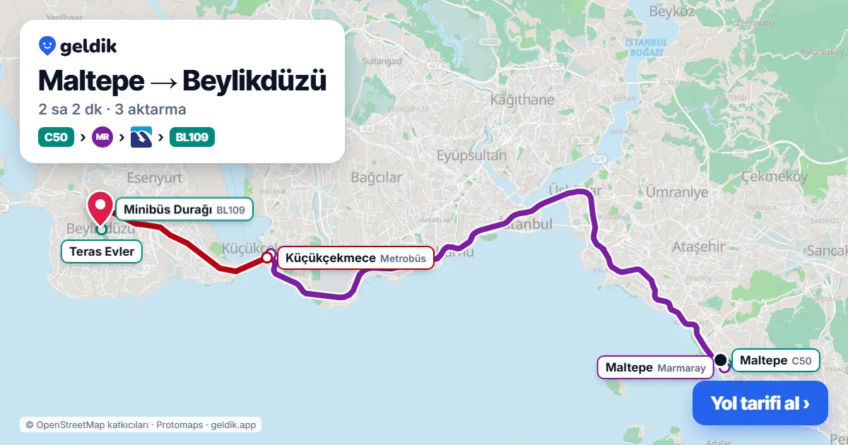 Maltepe – Beylikdüzü yol haritası: C50 minibüsü → Marmaray → Metrobüs → BL109 minibüsü ile ~2 sa 2 dk