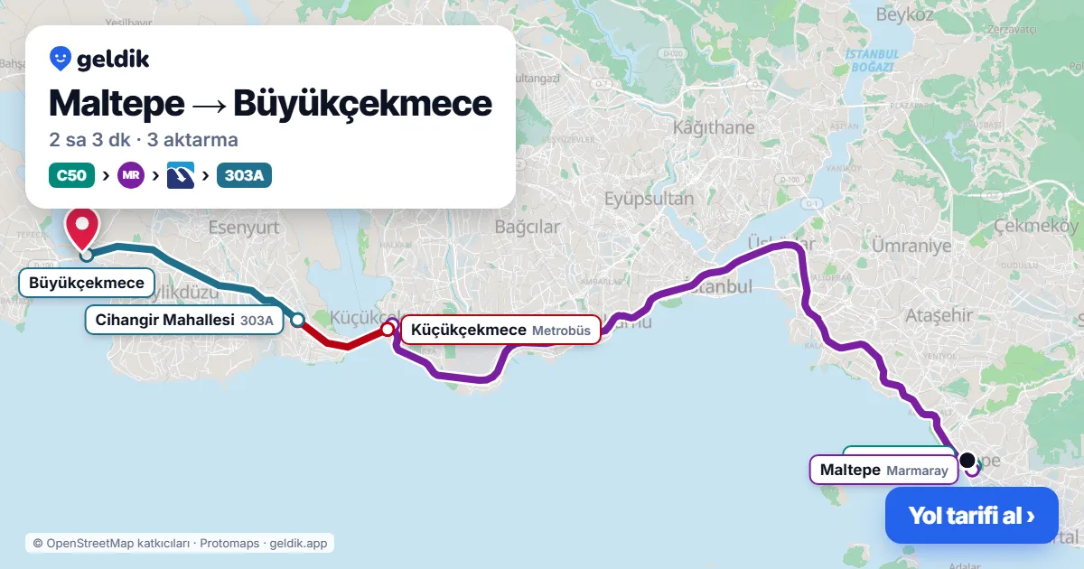 Maltepe – Büyükçekmece yol haritası: C50 minibüsü → Marmaray → Metrobüs → 303A otobüsü ile ~2 sa 3 dk