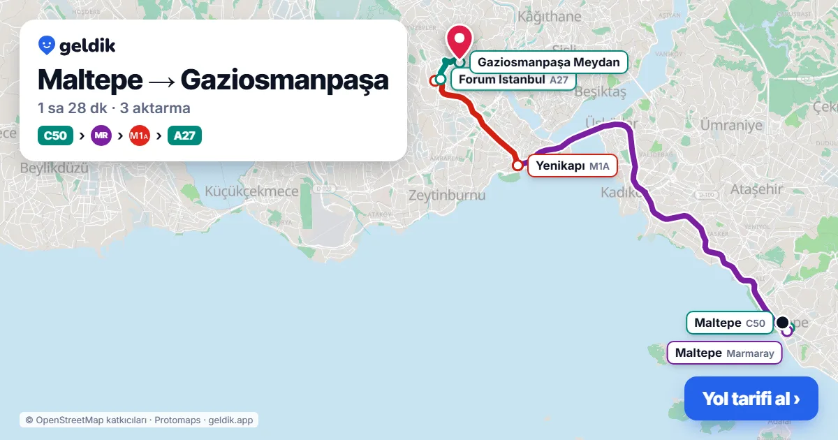 Maltepe – Gaziosmanpaşa yol haritası: C50 minibüsü → Marmaray → M1A → A27 minibüsü ile ~1 sa 28 dk