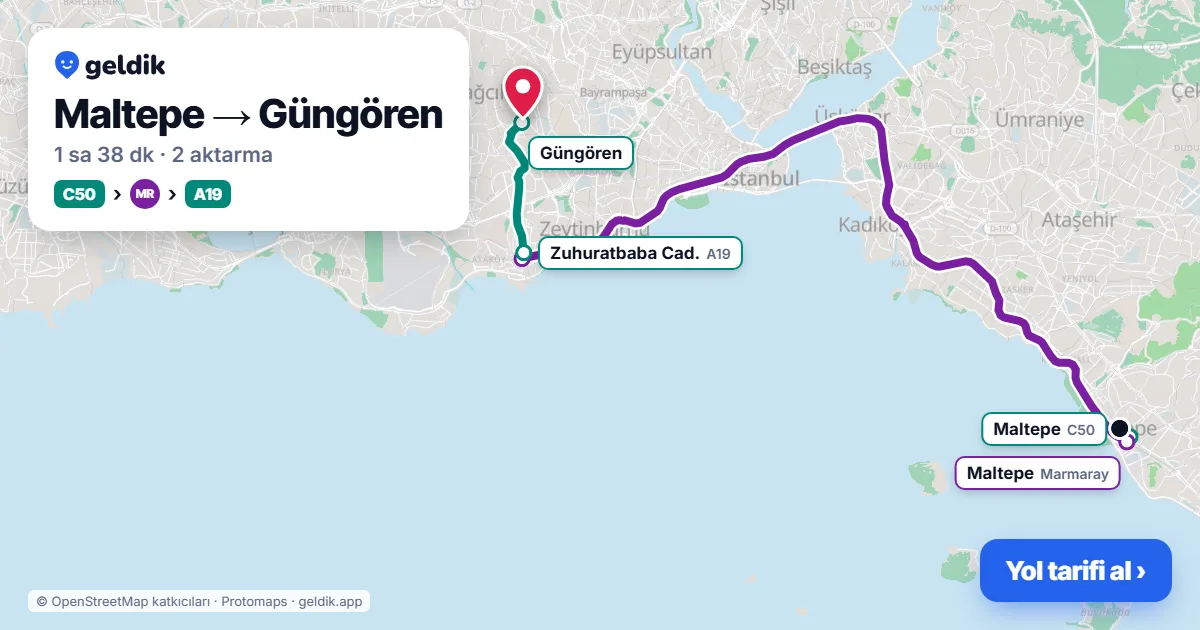 Maltepe – Güngören yol haritası: C50 minibüsü → Marmaray → A19 minibüsü ile ~1 sa 38 dk