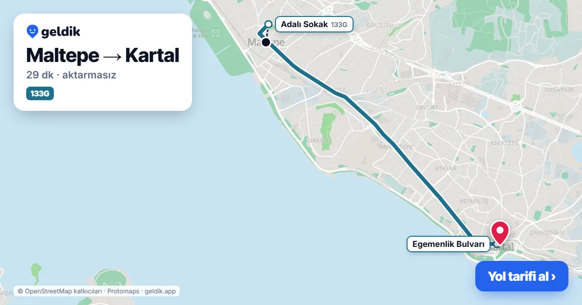 Maltepe – Kartal yol haritası: 133G otobüsü ile ~29 dk