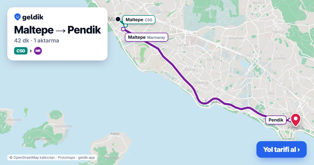 Maltepe – Pendik yol haritası: C50 minibüsü → Marmaray ile ~42 dk