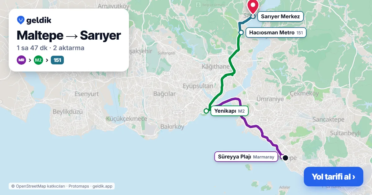 Maltepe – Sarıyer yol haritası: Marmaray → M2 → 151 otobüsü ile ~1 sa 47 dk