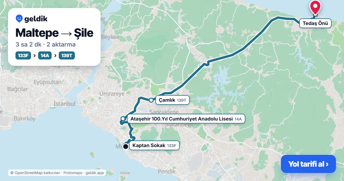 Maltepe – Şile yol haritası: 133F otobüsü → 14A otobüsü → 139T otobüsü ile ~3 sa 2 dk