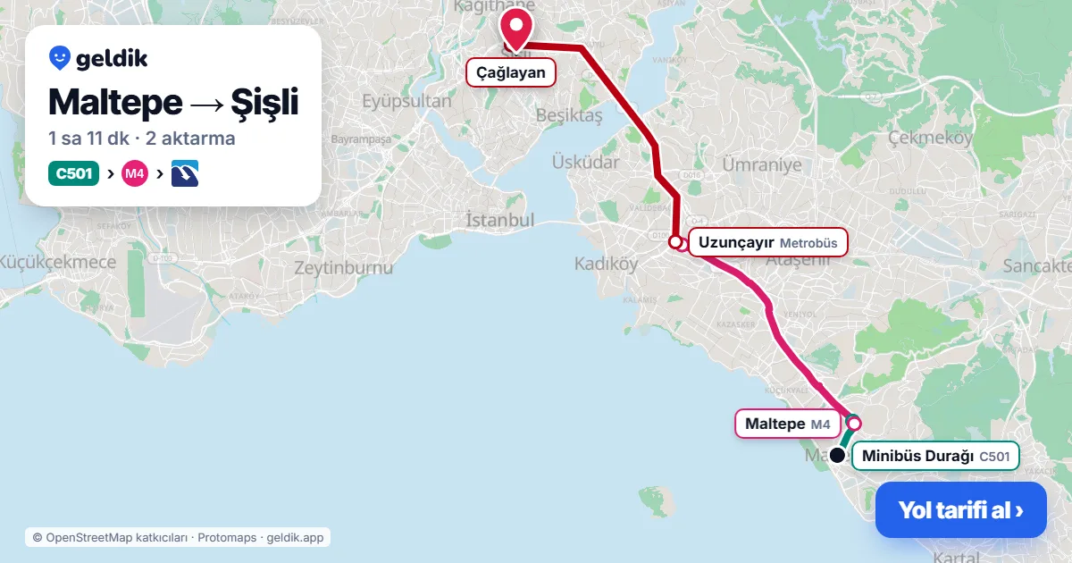 Maltepe – Şişli yol haritası: C501 minibüsü → M4 → Metrobüs ile ~1 sa 11 dk