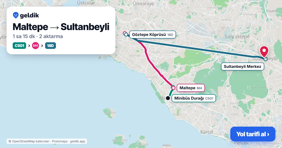 Maltepe – Sultanbeyli yol haritası: C501 minibüsü → M4 → 18D otobüsü ile ~1 sa 15 dk