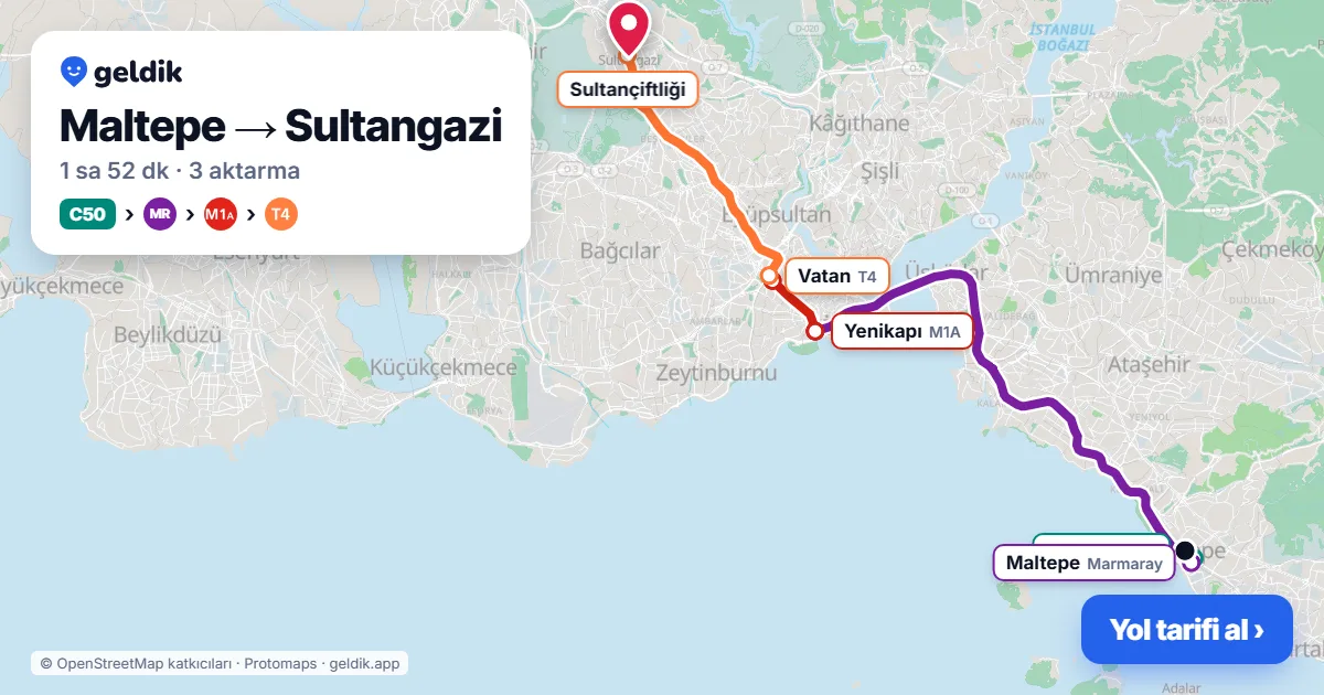 Maltepe – Sultangazi yol haritası: Marmaray → 31Y otobüsü → 336 otobüsü → 36V otobüsü ile ~1 sa 47 dk