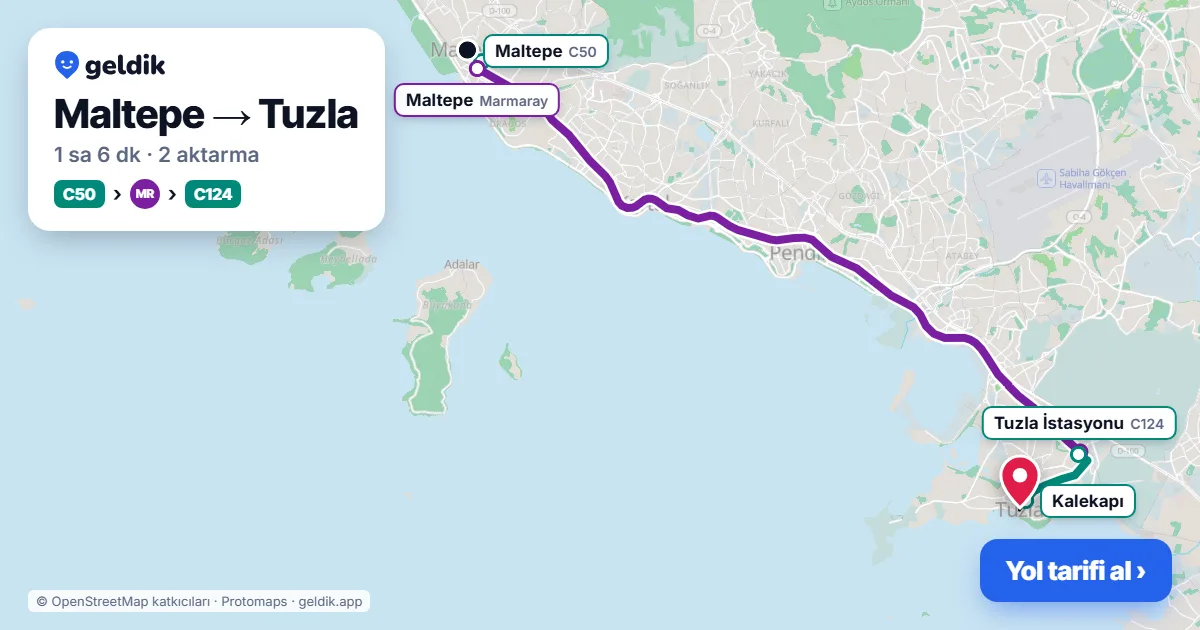 Maltepe – Tuzla yol haritası: C50 minibüsü → Marmaray → C124 minibüsü ile ~1 sa 6 dk