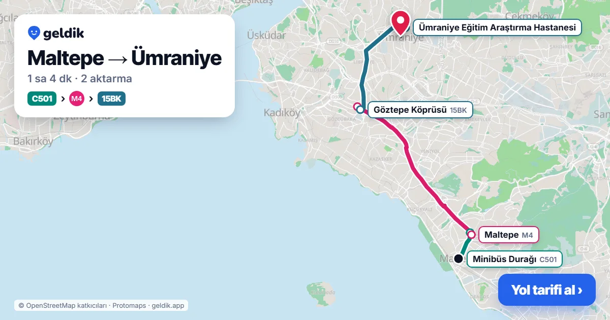 Maltepe – Ümraniye yol haritası: C501 minibüsü → M4 → 15BK otobüsü ile ~1 sa 4 dk