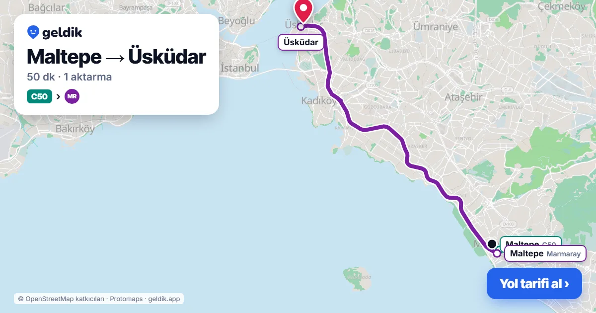 Maltepe – Üsküdar yol haritası: C50 minibüsü → Marmaray ile ~50 dk