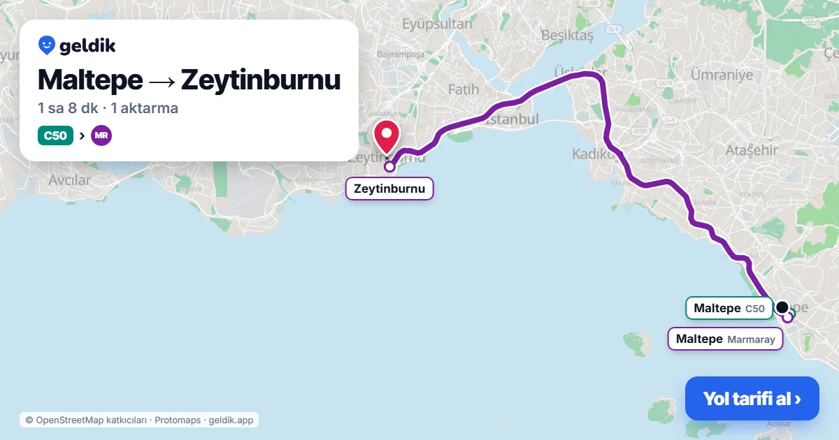 Maltepe – Zeytinburnu yol haritası: C50 minibüsü → Marmaray ile ~1 sa 8 dk