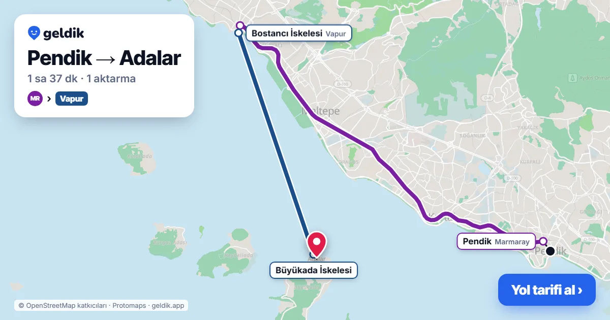 Pendik – Adalar yol haritası: Marmaray → vapur ile ~1 sa 37 dk