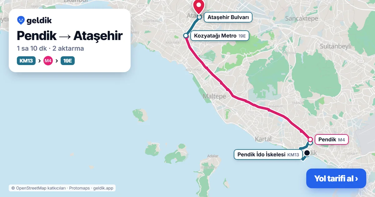 Pendik – Ataşehir yol haritası: 132P otobüsü → M4 → 19E otobüsü ile ~1 sa 8 dk