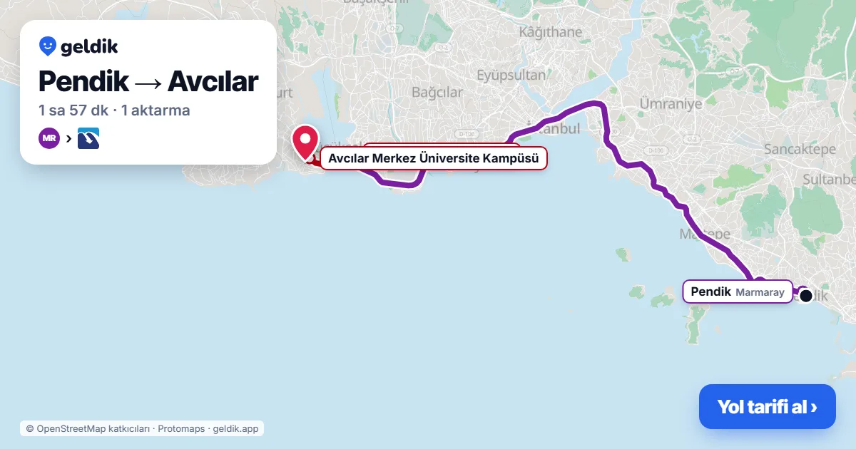 Pendik – Avcılar yol haritası: Marmaray → Metrobüs ile ~1 sa 57 dk