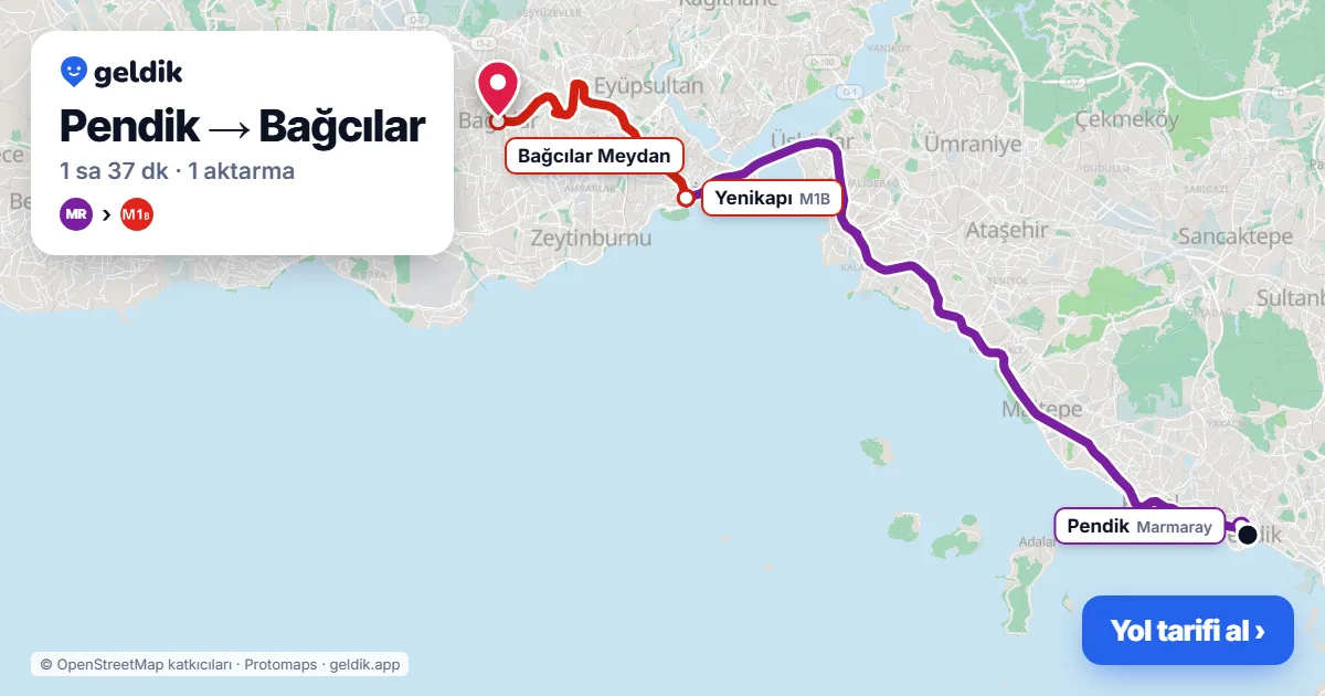 Pendik – Bağcılar yol haritası: Marmaray → M1B ile ~1 sa 37 dk