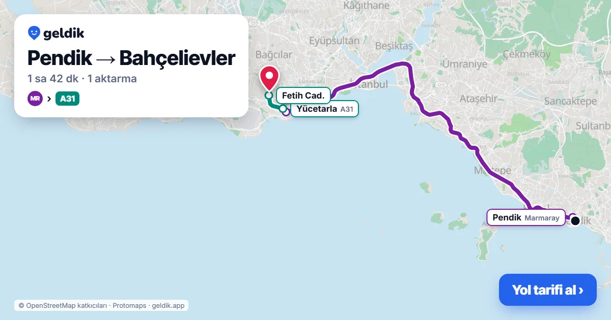 Pendik – Bahçelievler yol haritası: Marmaray → A31 minibüsü ile ~1 sa 42 dk
