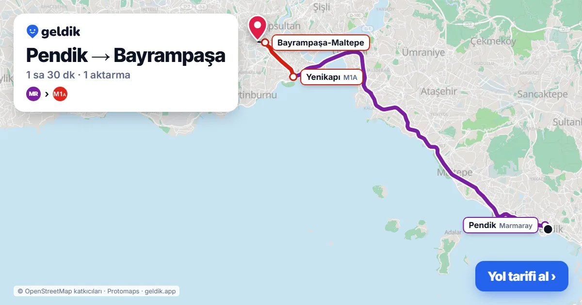 Pendik – Bayrampaşa yol haritası: Marmaray → M1A ile ~1 sa 30 dk