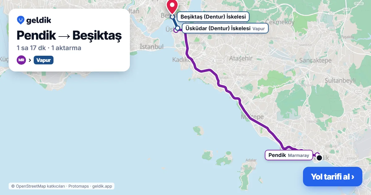 Pendik – Beşiktaş yol haritası: Marmaray → vapur ile ~1 sa 17 dk