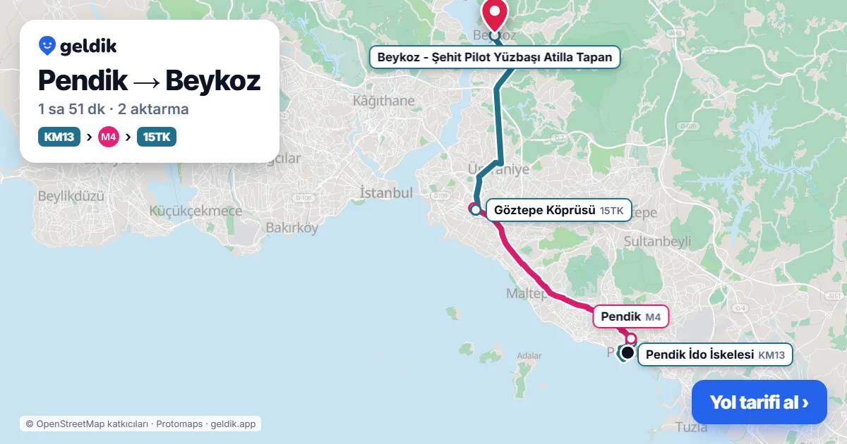 Pendik – Beykoz yol haritası: 132P otobüsü → M4 → 15TK otobüsü ile ~1 sa 50 dk